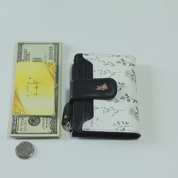 Elegant Women's Floral PU Leather Wallet with Bracelet and Golden Accents