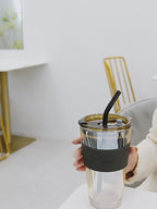 Chic Bamboo-Inspired Glass Coffee Mug with Straw