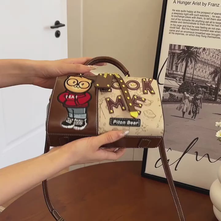 Vintage Cartoon Bear Print Boston Bag for Women