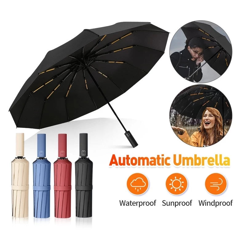 Travel Folding Umbrella, 10 Ribs Automatic Open, Lightweight Compact Portable Backpack Car Parasol Outdoor, Sun/Rain, Anti 99 UV Protection UPF 50, Men Women Carabiner Handle Design